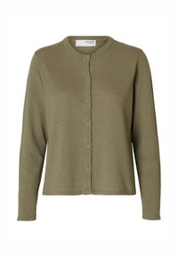 Olivno zeleni kardigan iz mehkega pletenega materiala, z okroglim izrezom, dolgimi rokavi in gumbnim zapiranjem s usklajenimi gumbi.