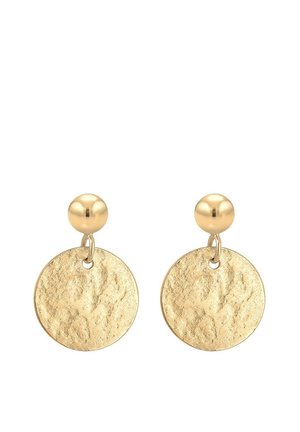Ohrstecker in Goldton mit glatten, runden Steinen und strukturierten, leicht gehämmerten, runden Anhängern, die unter jedem Stein hängen.