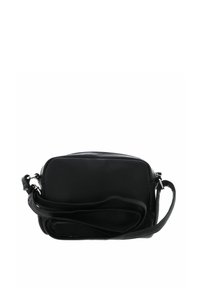 Black leather crossbody bag with a textured surface, rectangular shape, zip closure, and an adjustable strap.