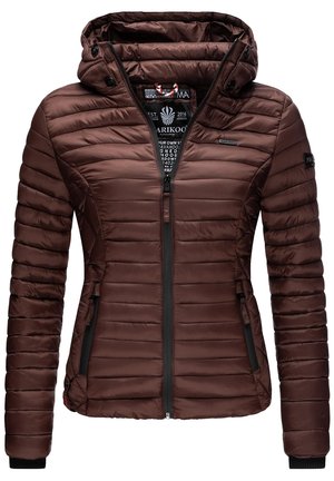 Brown puffer jacket with a hood, featuring a zippered front, ribbed cuffs, and two side pockets. Horizontal quilted texture throughout.