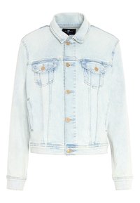 Lyseblå denimjakke med cropped design, to brystlommer og knaplukninger. Har krave og lange ærmer med manchetter.
