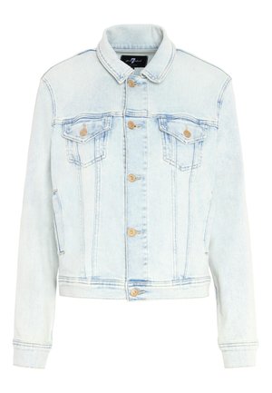 Hellblaues Denim-Jackett mit kurzes Design, zwei Brusttaschen und Knopfverschlüssen. Verfügt über einen Kragen und lange Ärmel mit Manschetten.