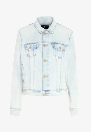 Hellblaues Denim-Jackett mit kurzes Design, zwei Brusttaschen und Knopfverschlüssen. Verfügt über einen Kragen und lange Ärmel mit Manschetten.