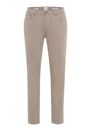 Beige Herren-Slim-Fit-Casualhose mit vorderem Knopf- und Reißverschluss, Gürtelschlaufen und Seitentaschen.