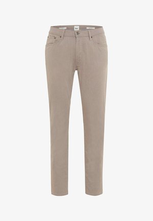 Beige Herren-Slim-Fit-Casualhose mit vorderem Knopf- und Reißverschluss, Gürtelschlaufen und Seitentaschen.