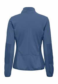 Modra oprijeta jakna z dolgimi rokavi z rebrastimi paneli na rokavih in straneh, stoječim ovratnikom, prikazana od zadaj.