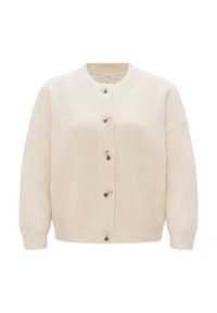 Cremfarbener Strickcardigan mit rundem Ausschnitt, Knopfschluss und strukturiertem Material mit Ripp- und Zopfmuster.