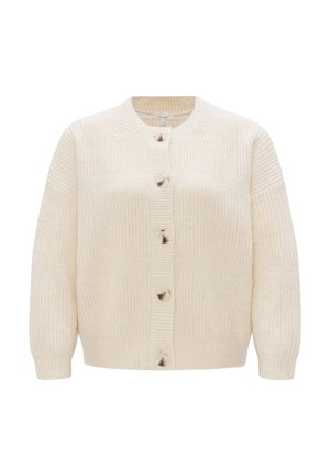 Cream knitted cardigan featuring a round neckline, button closure, and textured fabric with ribbed and cable patterns.