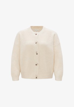 Crème gebreide cardigan met een ronde halslijn, knoopsluiting en een textuurstof met rib- en kabelpatronen.