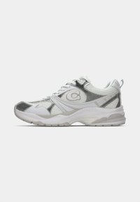 Witte sportieve schoen van gaas en synthetische materialen, met zilveren accenten, een gestructureerde hiel en een gevoerde zool met een afgeronde neus.
