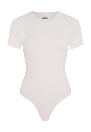 Jasnoróżowy body z krótkimi rękawami, okrągłym dekoltem i dopasowanym krojem. Wykonane z miękkiego, elastycznego materiału, z wycięciem w kształcie stringów u dołu.