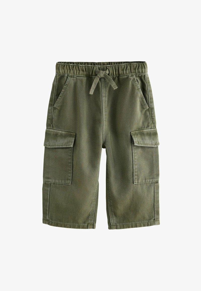 Pantaloni cargo verdi con vita elasticizzata, coulisse e due grandi tasche laterali. Realizzati in materiale di cotone testurizzato.