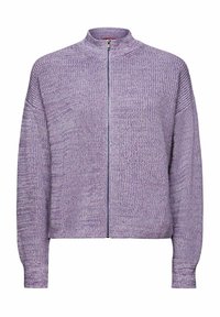 Pull en tricot violet clair à fermeture éclair, col montant et manches longues, avec un motif texturé sur toute la surface.
