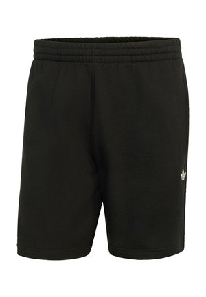 Zwarte Adidas shorts tot op de knie met een elastische tailleband en een klein wit Adidas-logo op het lagere linkerbeen.