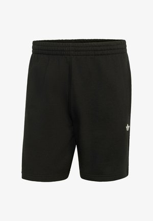 Czarne spodenki Adidas do kolan z elastycznym pasem i małym białym logo Adidas na dolnej lewej nodze.