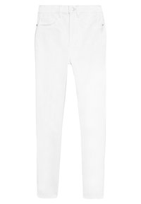 Jeans de mezclilla blanca con un diseño de corte ajustado, estilo clásico de cinco bolsillos y cierre de botón en la cintura. Textura suave.