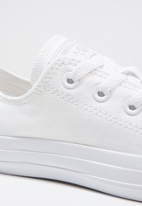 Weiße Tiefe-Canvas-Sneaker mit weißen Schnürsenkeln, metallenen Ösen und Gummisohle, die über strukturierte Nähdetails verfügt.