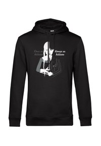 Felpa nera con cappuccio featuring a graphic design di un personaggio con capelli bianchi e neri, con la scritta "Una volta Addams, per sempre Addams."