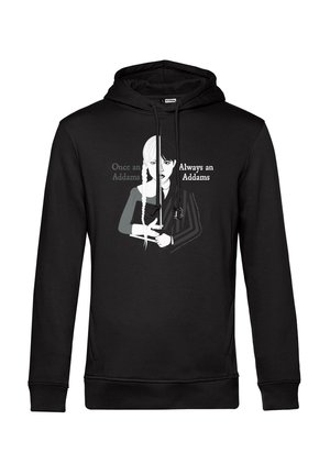 Czarna bluza z kapturem z grafiką postaci o białych i czarnych włosach, z napisem "Raz Addams, zawsze Addams."