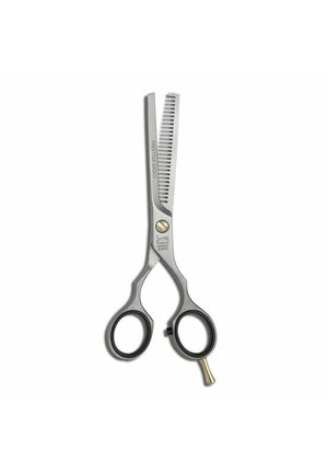 Silberne professionelle Haarausdünnungsschere mit schwarzen Griffen und einer goldenen Fingerauflage auf weißem Hintergrund.