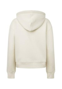 Sudadera blanca recortada con un tejido texturizado, una capucha grande y puños acanalados. La parte posterior es lisa, sin detalles ni patrones adicionales.