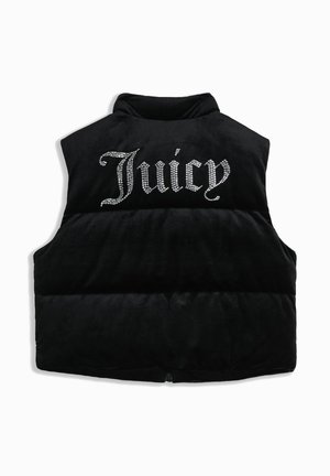 Gilet imbottito nero realizzato in tessuto morbido, con colletto alto e logo "Juicy" in strass sul davanti. Chiusura con zip nella parte inferiore.