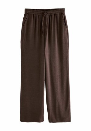 Pantalons larges marron avec une taille élastique, cordon de serrage, poches latérales et une finition en tissu texturé.