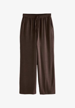 Brūni platajām kājām bikses ar elastīgu jostu, auklu, sānu kabatām un faktūru audumam.