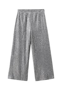 Wide-leg pants with elastic waistband in shiny silver fabric covered in small reflective sequins.