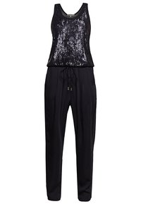 Mono negro con un top de lentejuelas de cuello redondo y cintura ajustable, confeccionado en una tela suave y ligera.