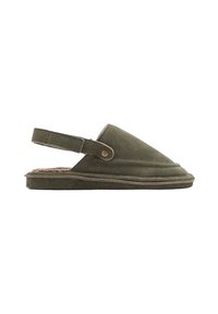 Green suede slingback slipper with a rounded toe, faux fur lining, and a flat rubber sole. Features a metal snap for adjustable fit.