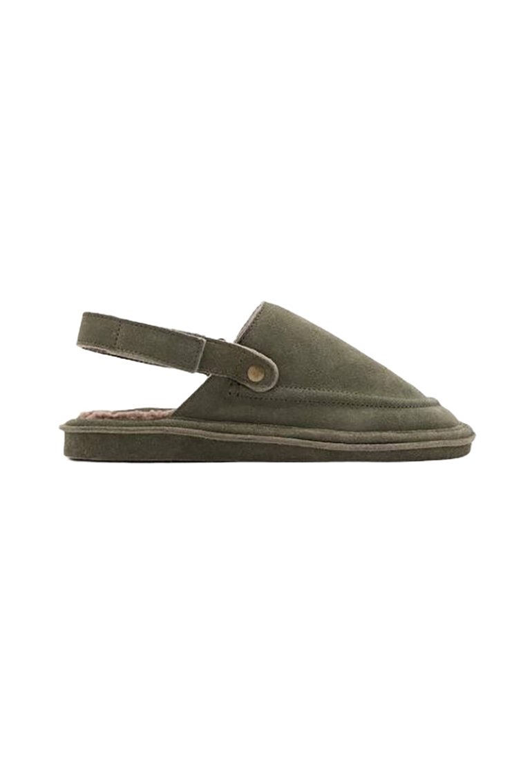 Green suede slingback slipper with a rounded toe, faux fur lining, and a flat rubber sole. Features a metal snap for adjustable fit.