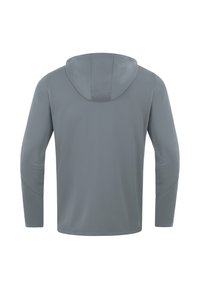 Hellgraues Kapuzenshirt mit langen Ärmeln und glatter Textur, ausgestattet mit einem dezenten Nahtdesign und einer Kapuze in der Mitte des Rückens.