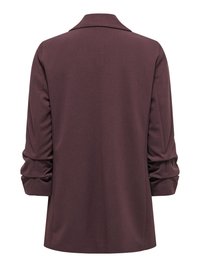 Blazer bordeaux foncé à manches longues avec col, vu de dos avec des manches légèrement froncées.