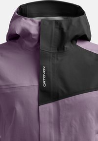 Purple and black jacket, featuring a high collar, smooth texture, and a bold logo printed on the front. Designed for outdoor wear.