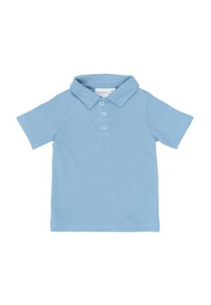 Šviesiai mėlynas trumpomis rankovėmis polo marškinėliai iš medvilnės, turintys apykaklę ir tris priekinės pusės mygtukus, su lygiu audiniu ir kasdiene dizaino estetika.