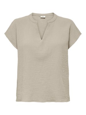 Beige short-sleeve textured blouse with a round split neckline and relaxed fit.