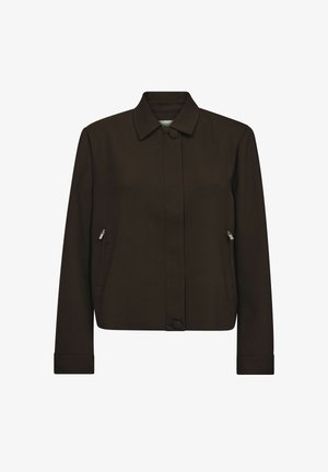 Braune Jacke aus glattem Stoff, mit Kragen, Knopfverschluss vorne und seitlichen Reißverschlusstaschen. Einfaches, strukturiertes Design.