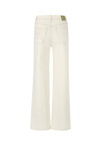 Wide-leg jeans in a cream color, made of textured fabric, featuring back pockets with a stylized logo and contrasting stitching.