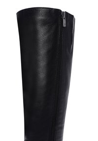 Knee-high black leather boot with a smooth texture, side zipper, and a rounded toe. Features a small cutout at the top for easier wear.