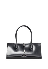 Borsa a tracolla in vernice nera con forma rettangolare, doppi manici arrotondati e una cerniera centrale. Presenta una placca con logo sul davanti.