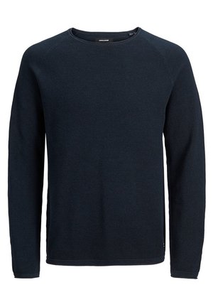 Men’s long-sleeve crew neck sweater in dark navy blue with textured knit fabric and a straight hem.