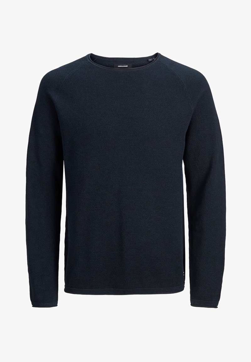 Pull pour hommes à manches longues avec col rond, en bleu marine foncé, en tissu tricoté texturé et ourlet droit.