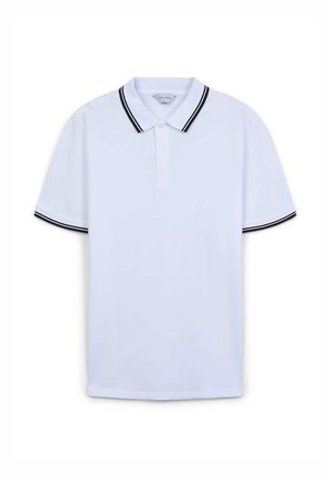 Polo shirt bianco a maniche corte in cotone, con colletto a righe bianche e nere e apertura a tre bottoni. Tessuto liscio, vestibilità casual.