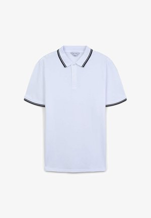 Polo shirt bianco a maniche corte in cotone, con colletto a righe bianche e nere e apertura a tre bottoni. Tessuto liscio, vestibilità casual.