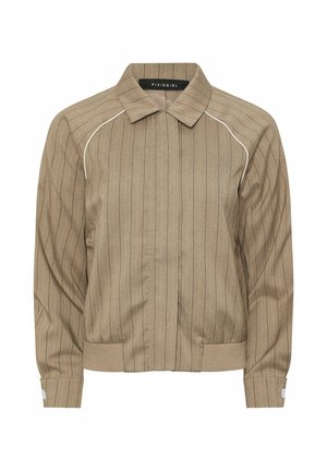 Chaqueta beige con rayas finas, cuello, mangas largas, detalle de ribete blanco en los hombros, puños abotonados y cintura elástica.