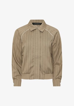 Chaqueta beige con rayas finas, cuello, mangas largas, detalle de ribete blanco en los hombros, puños abotonados y cintura elástica.