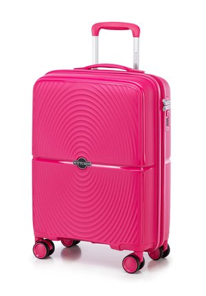 Wittchen pink hard-shell suitcase with wavy texture, retractable handle, dual wheels, and a zip closure for secure storage.