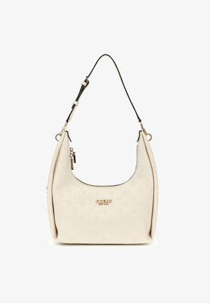 Sac à épaule en cuir vegan crème avec une forme incurvée, doté de quincaillerie dorée et d'un motif de logo ton sur ton. Comprend une bandoulière noire détachable.