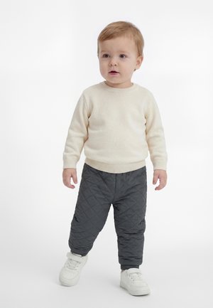 Copil mic cu păr șaten deschis, purtând un pulover crem, pantaloni închiși la culoare capitonați și adidași albi, stând pe un fundal alb.